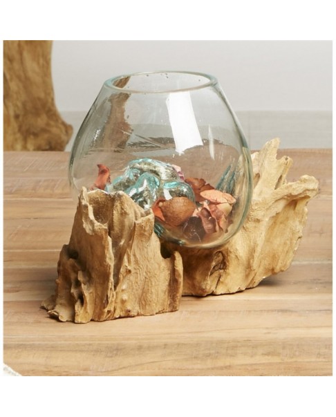 vase en verre moulé avec bas en teck